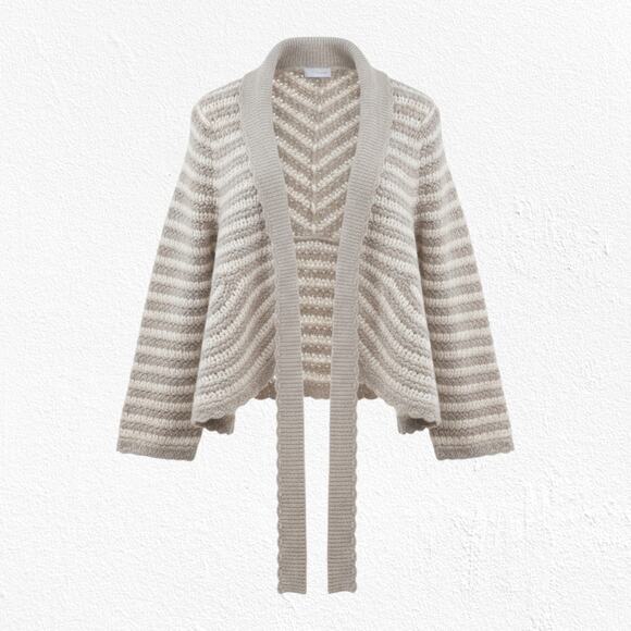 Sleeping on Snow Cream Taupe Striped Wool Blend Belted Cardigan Sweater Size XL - Picture 1 of 8
